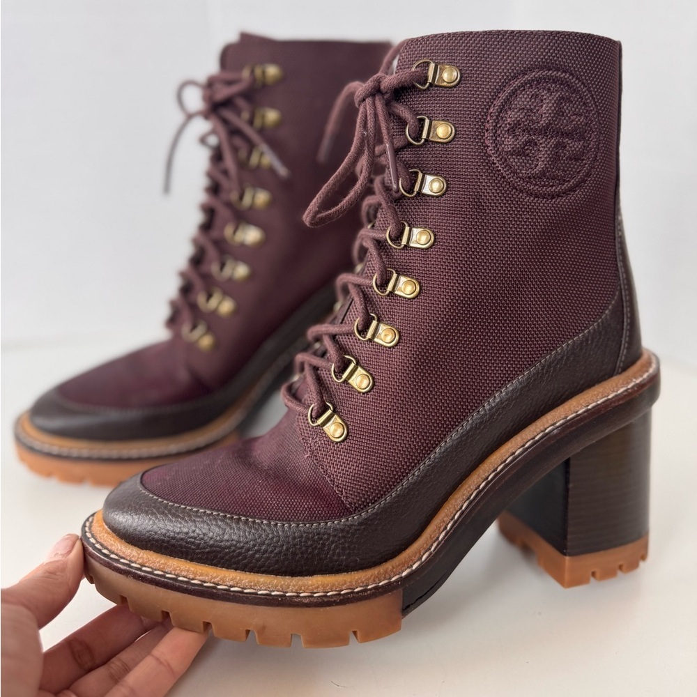 Tory Burch Miller Burgundy Canvas Lug Sole Lace Up Heel Boots Women’s size 8